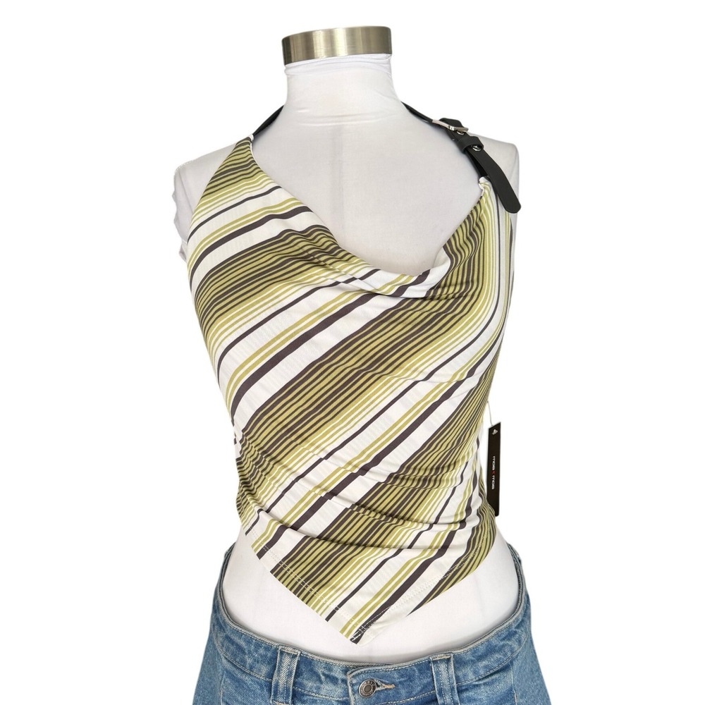 NWT y2k Moa Moa Halter Top S Green Striped Buckle Strap Cowl Neck